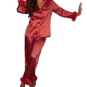 Satin Silk Pajama Set Fur Trim Elegant Lounge Sleepwear Button Down Top